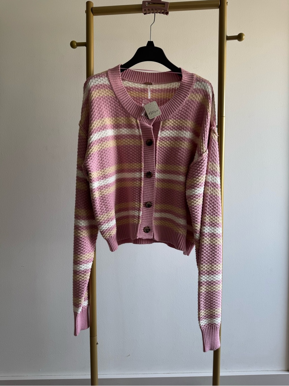 Free People Pink Striped Button-Front Cardigan